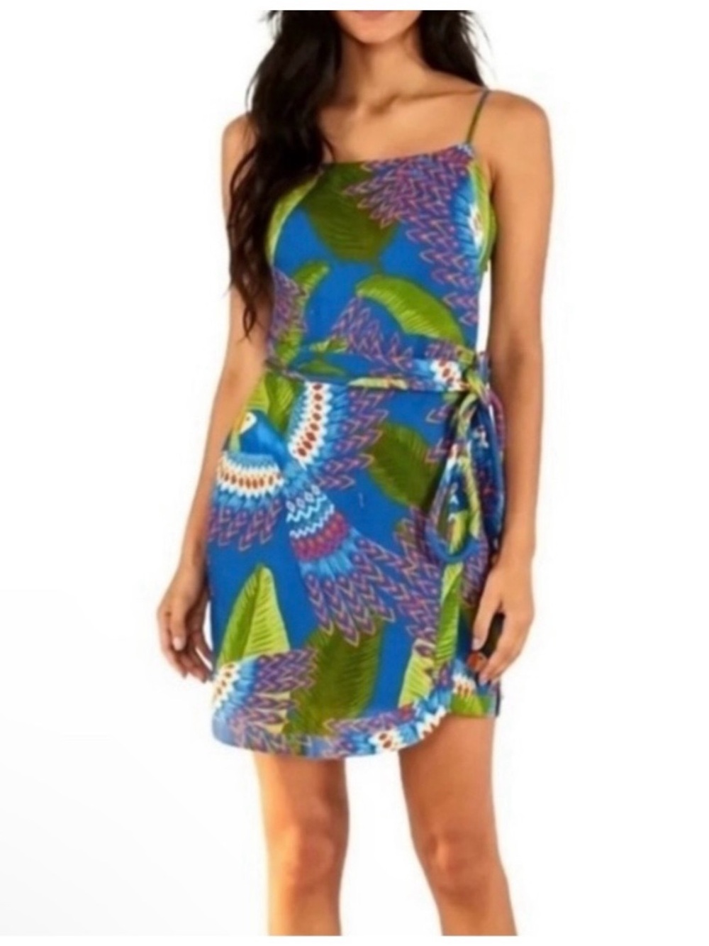 FARM Rio Blue Tropical-Print Mini Dress with Green & Purple Accents